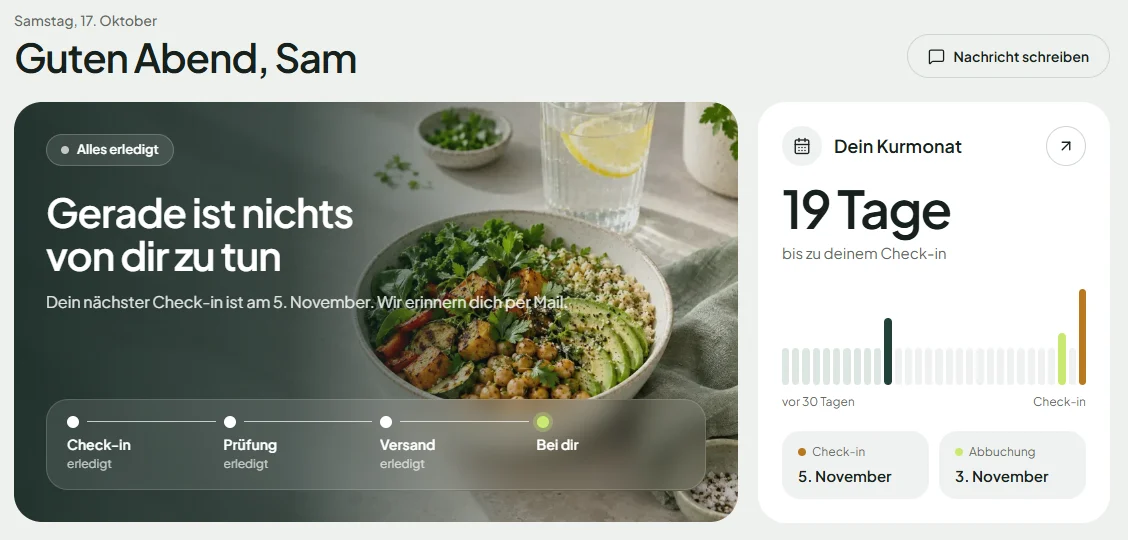 Kundenkonto der Gesundheitsplattform mit Status, Kurmonat und nächstem Check-in