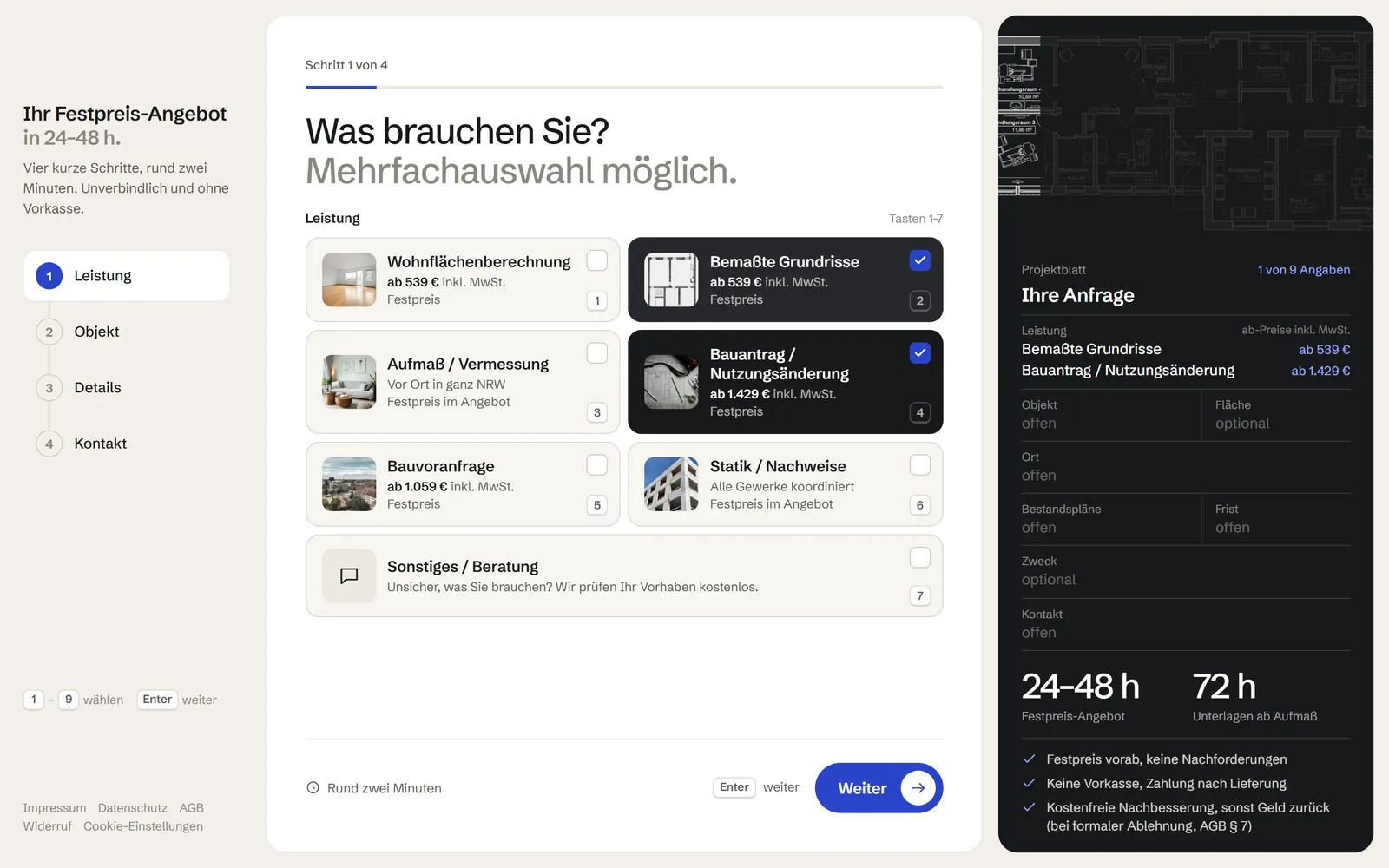 Mehrstufige Projektanfrage mit Leistungsauswahl und live gefülltem Projektblatt