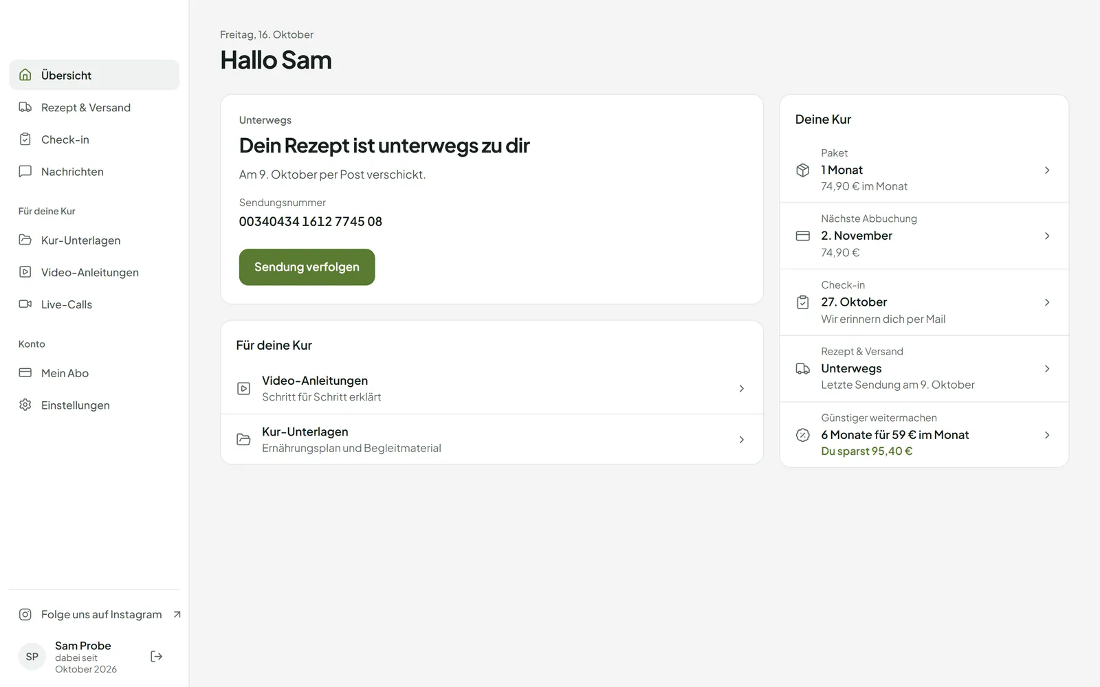 Übersicht eines Kundenportals mit Rezeptstatus, Sendungsverfolgung, Abo und Check-in-Termin